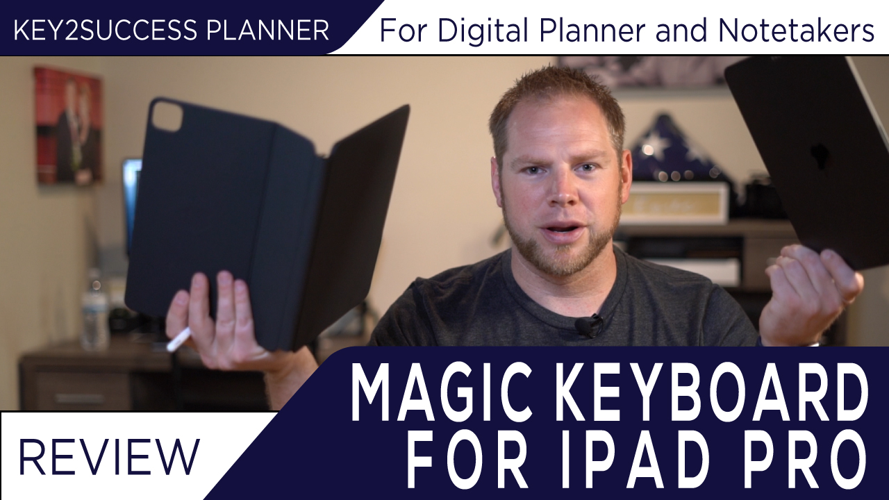 Man demonstrating Apple Magic Keyboard for iPad Pro, showcasing its features for digital planners and notetakers.