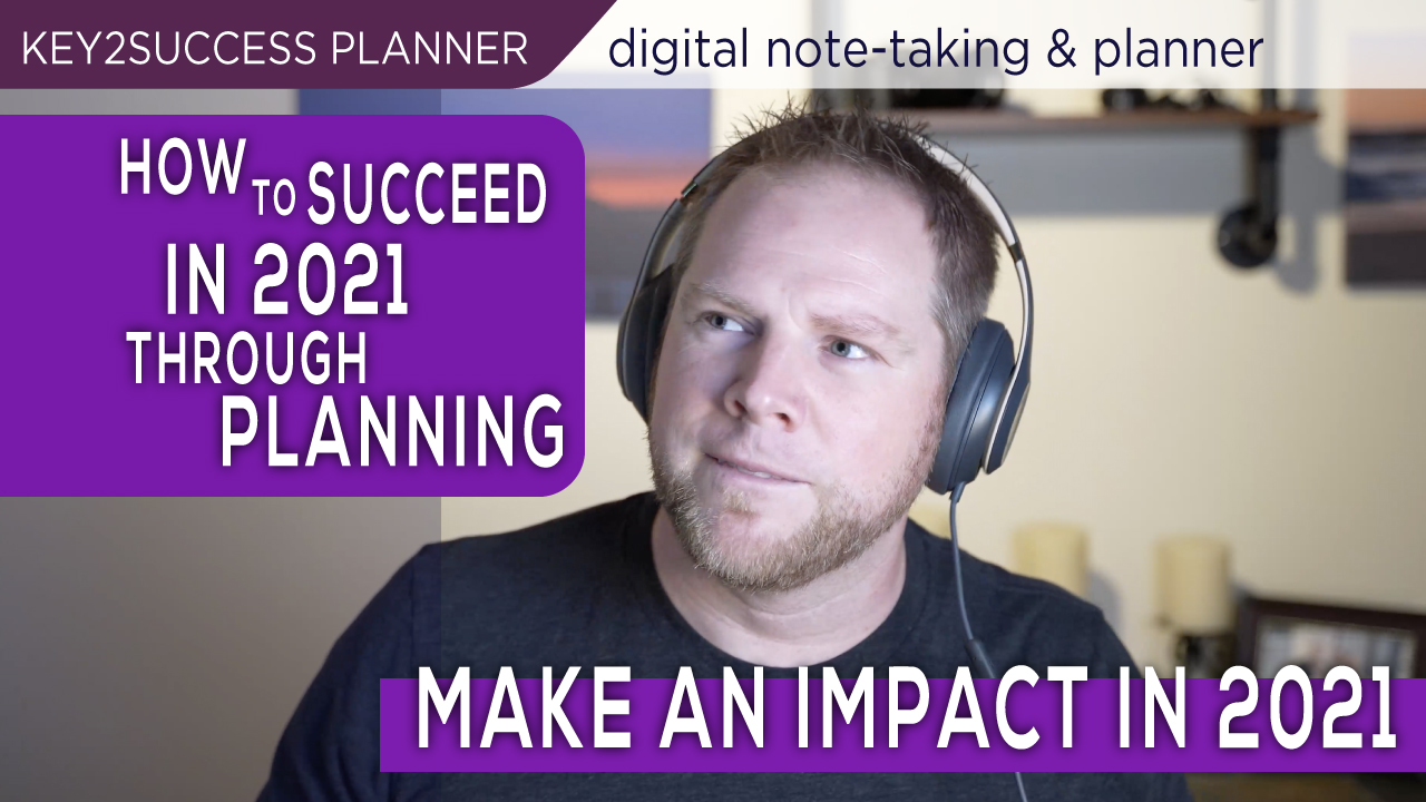 Man wearing headphones, focused expression, promoting Key2Success digital planning system, text overlay: "How to Succeed in 2021 Through Planning" and "Make an Impact in 2021."