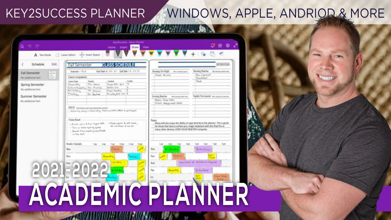 Digital academic planner interface on tablet showcasing class schedule and weekly organization, featuring "2021-2022 Academic Planner" text, designed for OneNote and PDF apps, with emphasis on productivity for students.