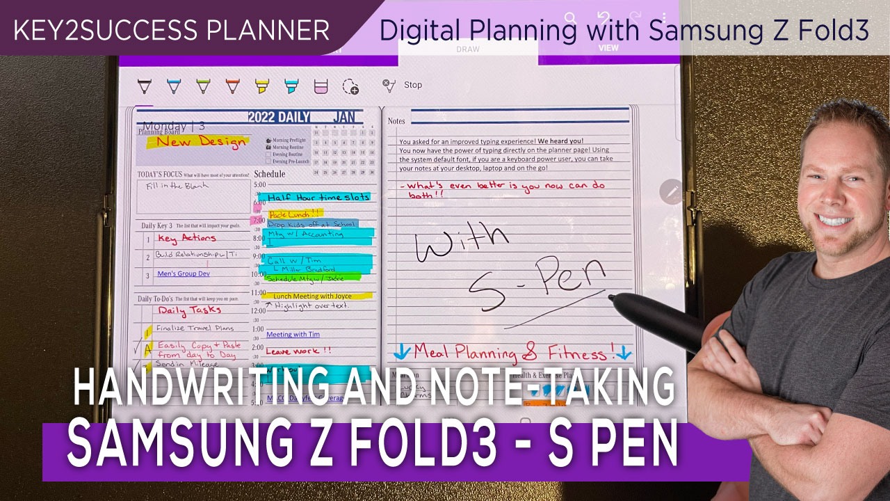 Samsung Z Fold 3 displaying digital planner with handwritten notes, S Pen in use, highlighting features for effective note-taking and productivity.
