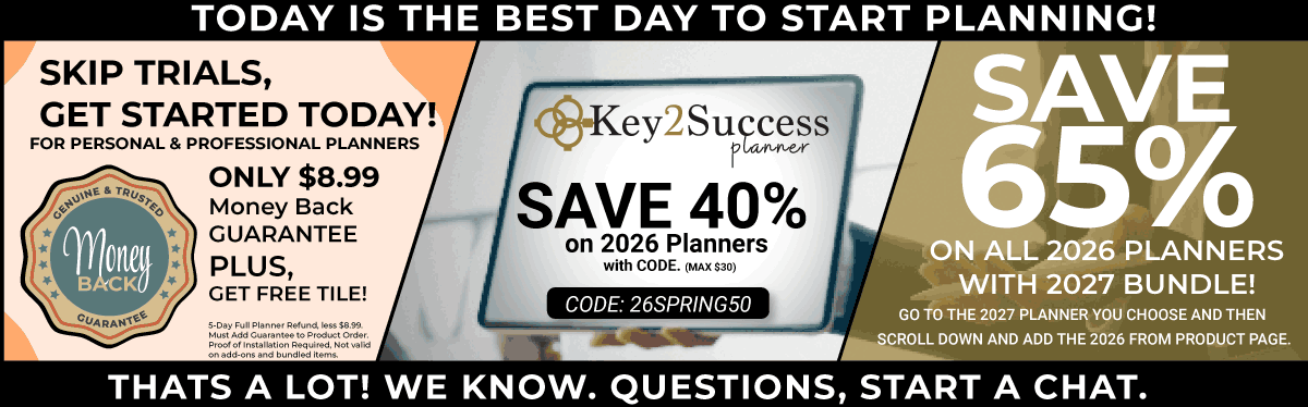 Promotional banner for Key2Success planner offering discounts and a money-back guarantee, emphasizing digital planning benefits and a call to action for users on Samsung devices.
