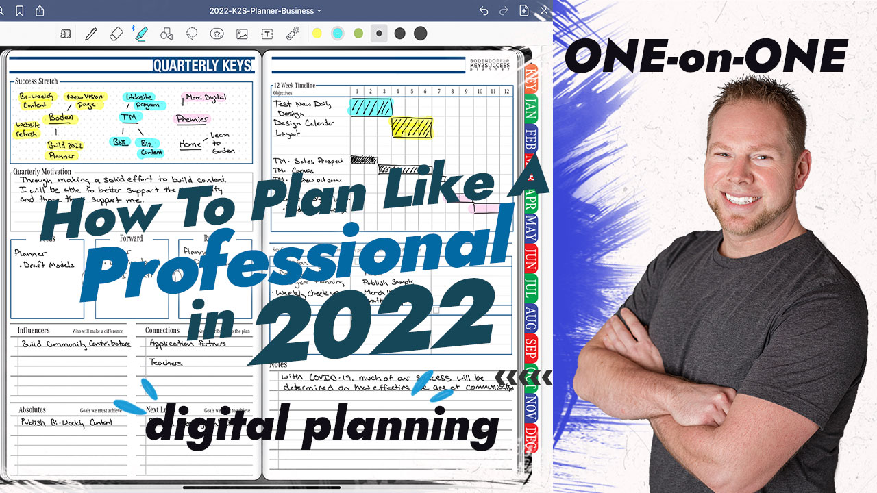 Digital planner layout with planning strategies for business growth in 2022, featuring "How To Plan Like a Professional" text and a smiling man promoting one-on-one coaching services.