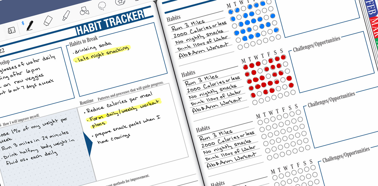 Habit tracker layout with sections for developing habits, breaking habits, routines, and tracking progress, featuring handwritten notes and checkboxes for daily goals.