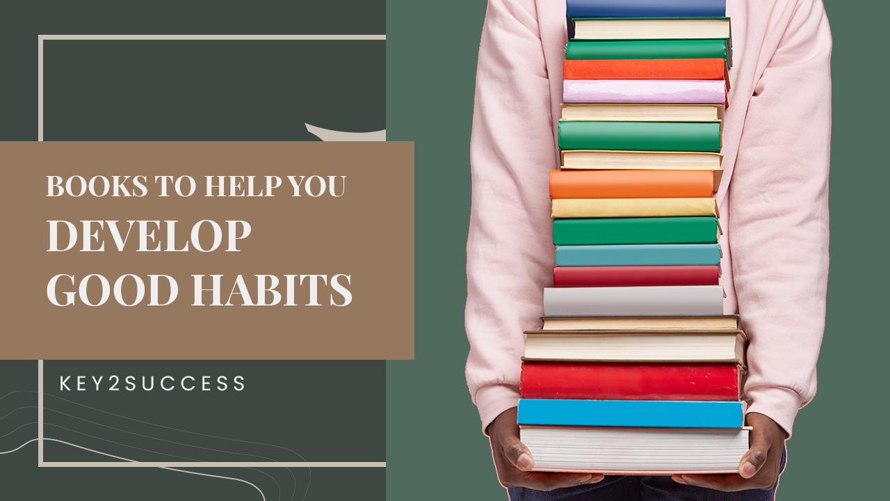 Books to help you develop good habits, stacked in a person's arms, emphasizing personal growth and self-improvement.