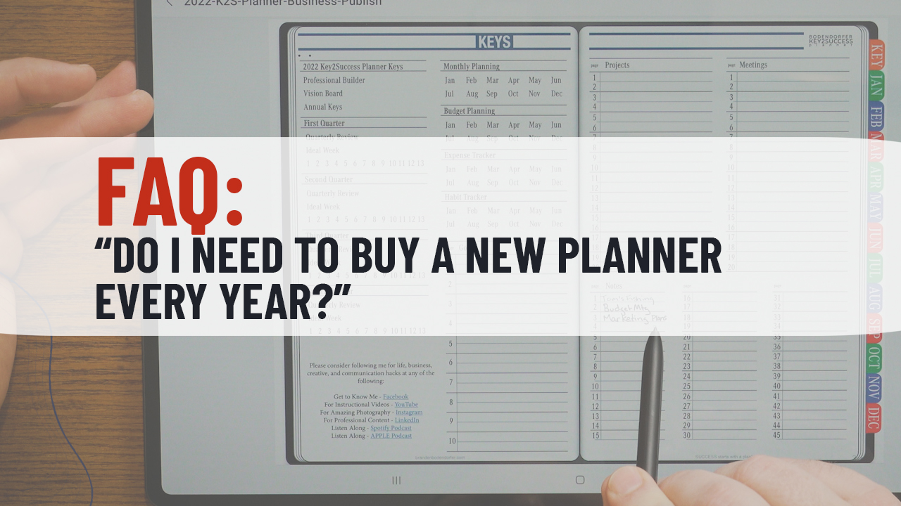 Digital planner interface displaying the question "Do I need to buy a new planner every year?quot; with planning sections for monthly, project, and meeting organization, emphasizing Key2Success annual planner features.