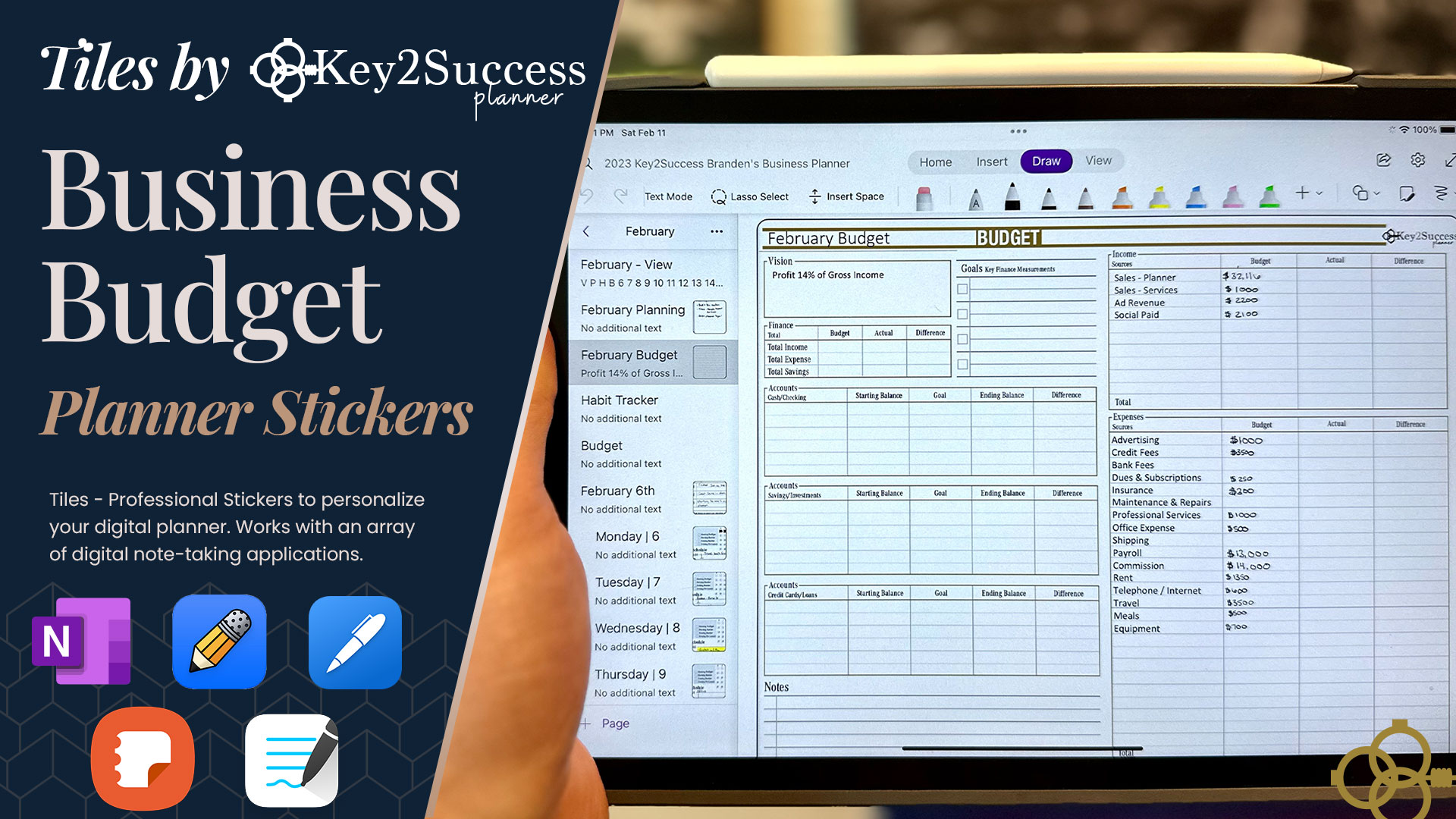 Business Budget Tile for Key2Success Planner displayed on a tablet, showcasing customizable budgeting sections and planner stickers for digital note-taking applications.