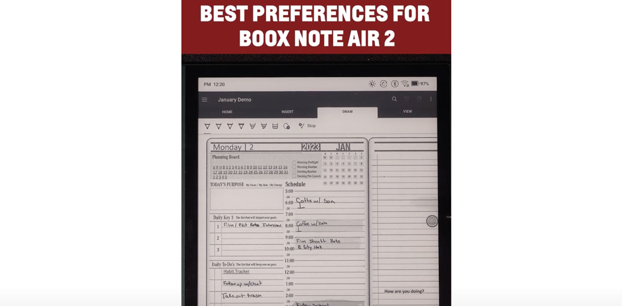 Best preferences setup for OneNote on Onyx Boox Note Air 2 displaying a digital planner with schedule and habit tracker.