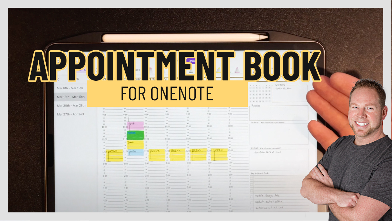 Digital appointment book for OneNote displayed on a tablet, featuring a weekly schedule with color-coded time slots and a smiling man in casual attire.