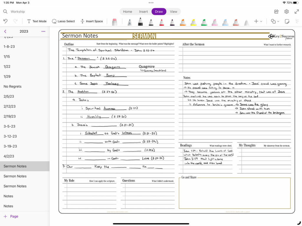 Sermon notes page layout featuring sections for outline, after-sermon reflections, and personal notes, designed for pastors using the Key2Success digital planner.