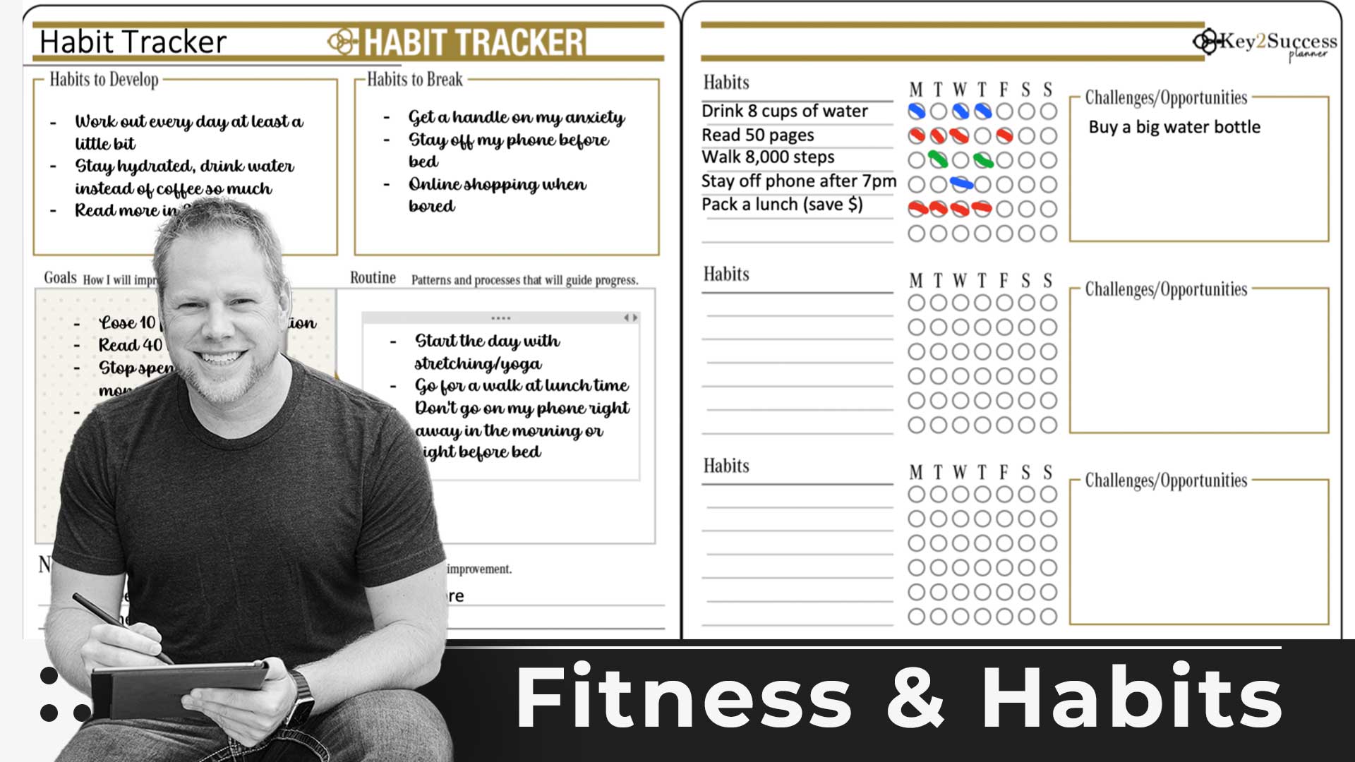 Fitness tracker layout featuring habit tracking sections, goals, and routines, with a smiling man holding a tablet, emphasizing health and fitness goals from Key2Success Planner.