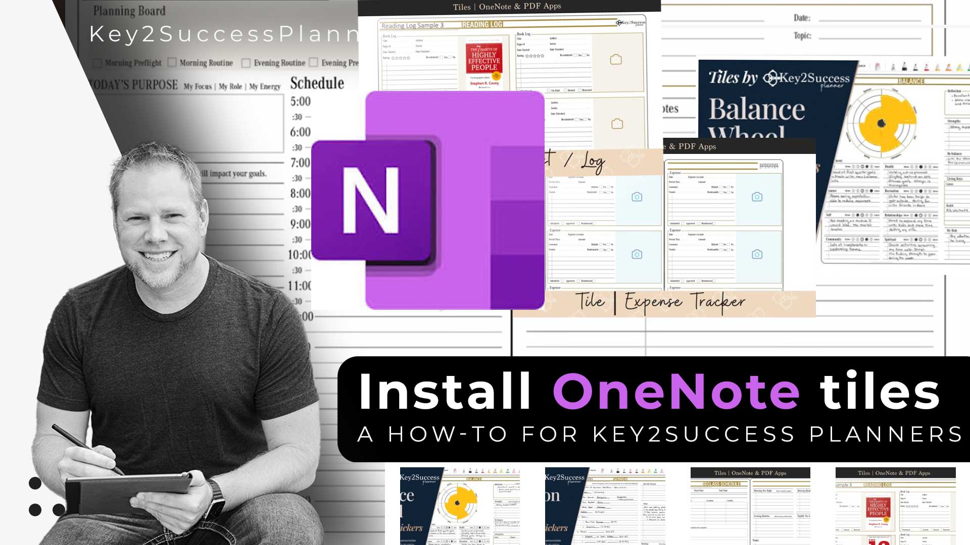 Person sitting with a tablet, showcasing OneNote tiles and digital planner layouts, emphasizing installation guide for Key2Success planners.