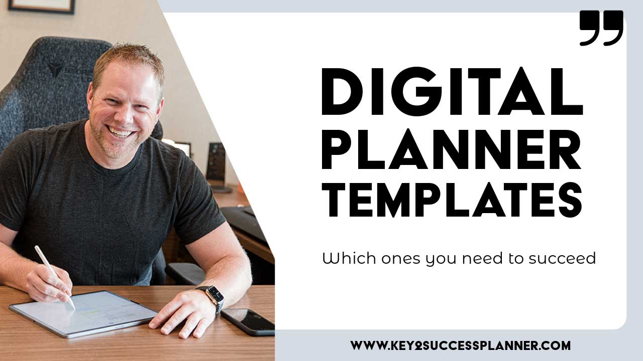 Man smiling while using a tablet to illustrate digital planner templates, emphasizing productivity and organization in digital planning.