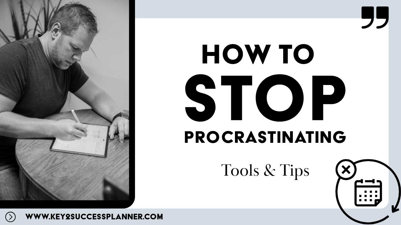 Man writing notes on a notepad at a table, with the text "HOW TO STOP PROCRASTINATING" and "Tools & Tips," emphasizing productivity strategies related to overcoming procrastination.