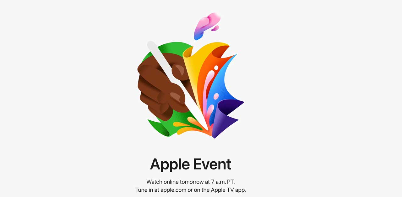 Apple Event promotional graphic featuring a hand holding a stylus with colorful paint splashes, announcing the event on May 7, 2024, at 7 a.m. PT.