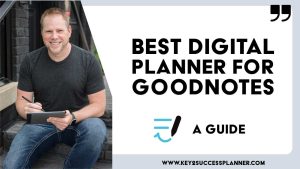 a man sitting on stairs holding the best digital planner for goodnotes
