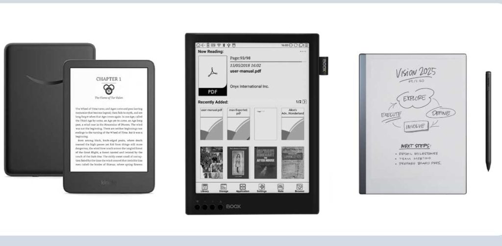e ink devices amazon kindle scribe, onyx boox, remarkable 2