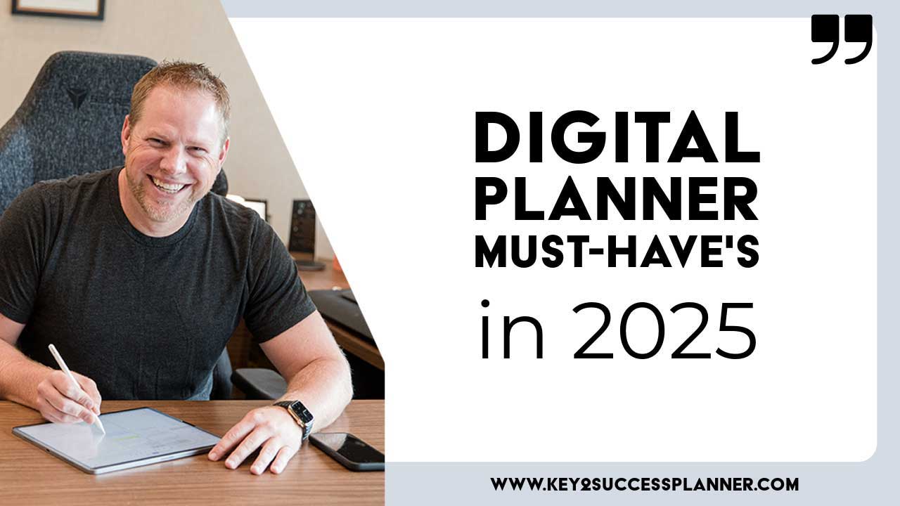Smiling man using a stylus on a tablet, showcasing the Key2Success digital planner must-haves for 2025.