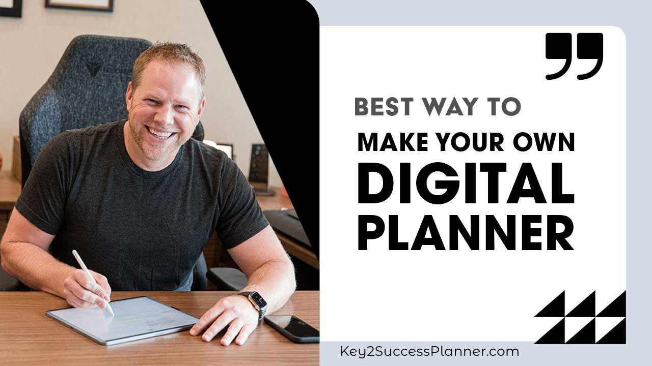 Person smiling while using a tablet to illustrate the best way to make your own digital planner, featuring the Key2Success branding.