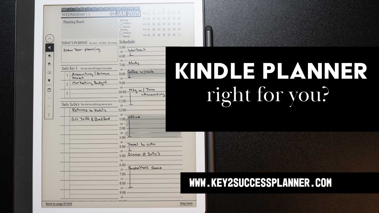 Kindle planner layout for January 2025 with daily schedule, to-do list, and motivational prompts, highlighting its use for effective planning and organization.