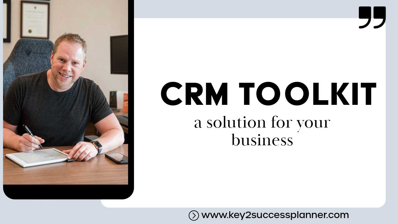 Man using a tablet to illustrate CRM toolkit solutions for business, featuring text "CRM TOOLKIT a solution for your business."