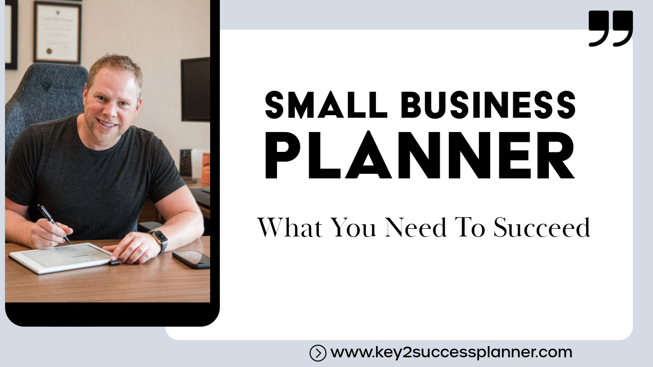 Small business planner image featuring a man writing on a tablet, emphasizing tools for success in entrepreneurship.