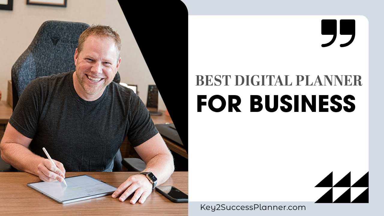 Person smiling while using a digital planner on a tablet, highlighting the Key2Success brand as the best digital planner for business.
