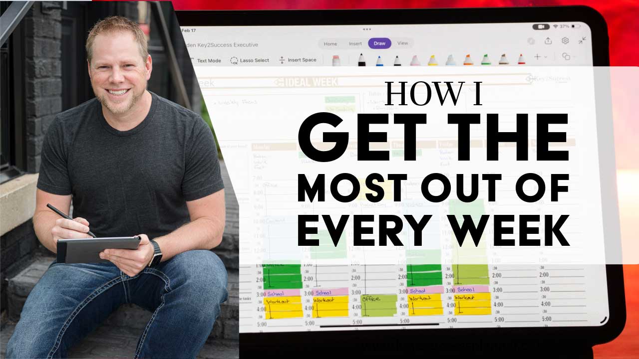 Man sitting on steps holding a tablet displaying a weekly planner, emphasizing productivity and time management with the Key2Success Planner.
