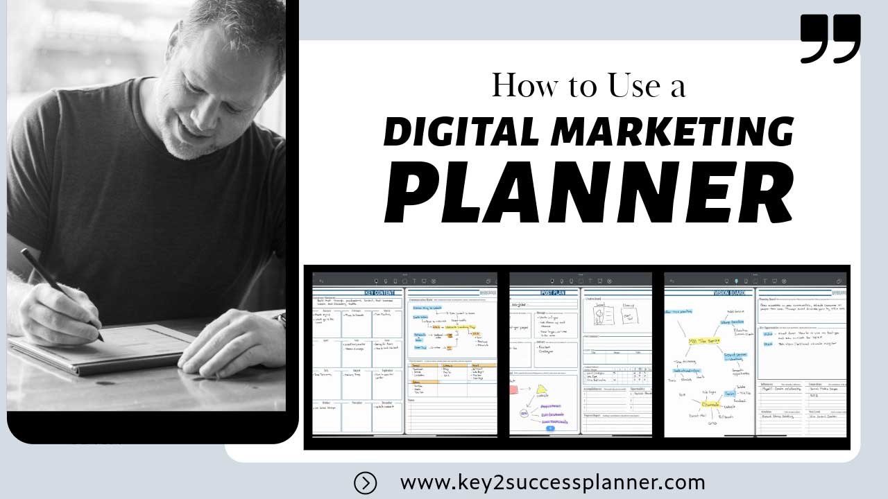 Man writing in a notebook with digital marketing planner screenshots showcasing key content, post plan, and vision board, illustrating effective use of a digital marketing planner for organization and strategy.