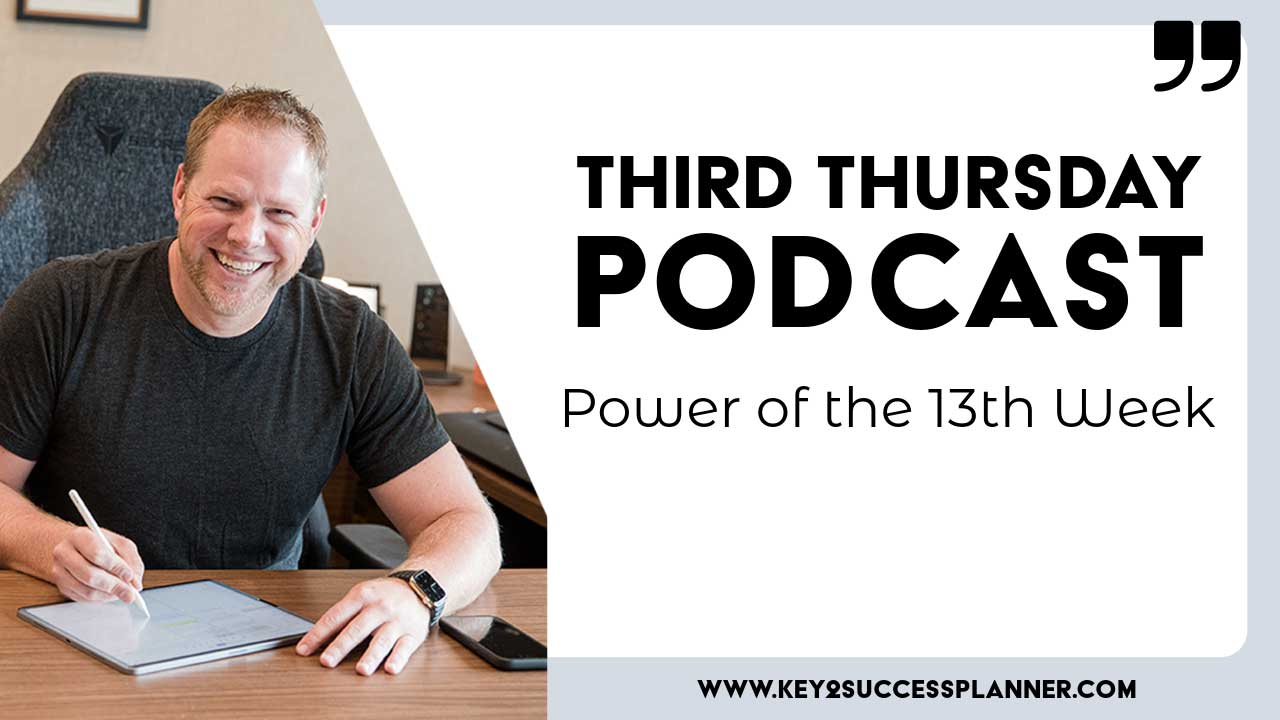 Smiling man in a black shirt holding a stylus, recording the "Third Thursday Podcast" episode titled "Power of the 13th Week" about productivity and goal-setting.