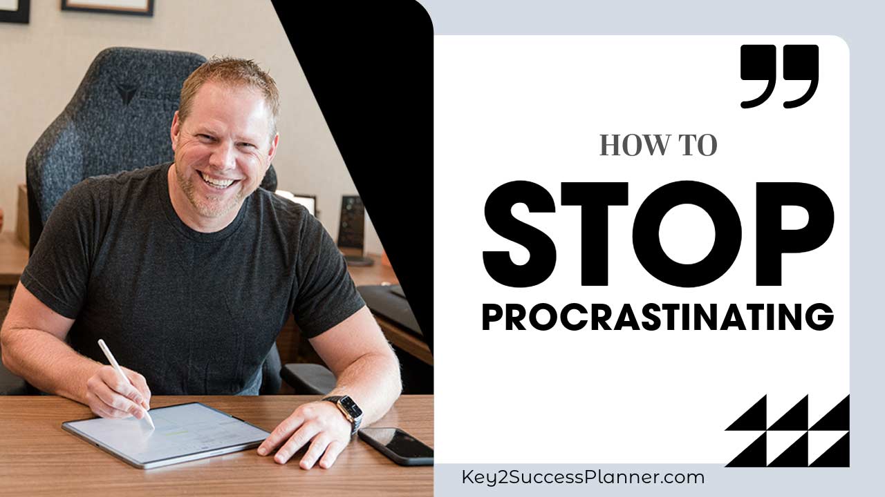 Man smiling while writing on tablet, promoting strategies to stop procrastinating with Key2Success Planner.
