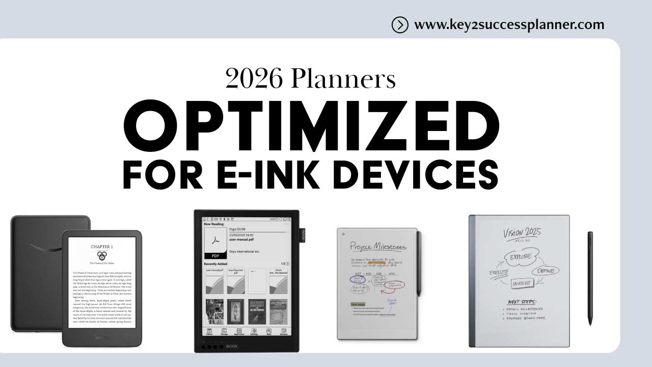 2026 planners optimized for e-ink devices including Kindle, Onyx Boox, and digital note-taking tools, featuring project milestones and planning layouts.