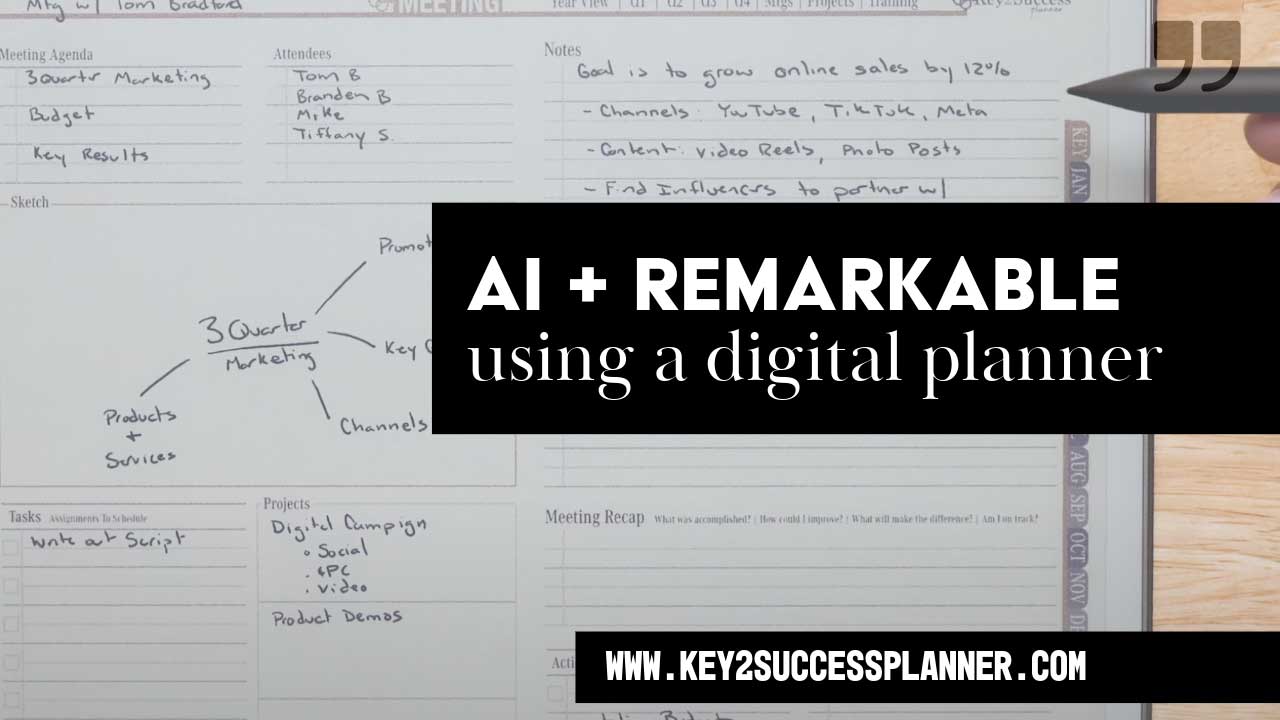 AI and reMarkable digital planner interface featuring meeting agenda, notes, and project tasks for enhanced productivity and collaboration.