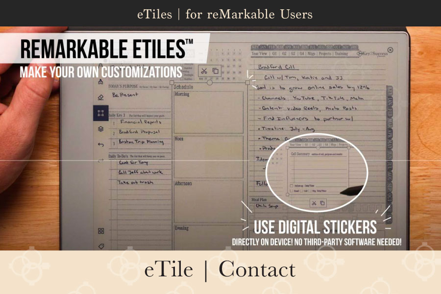 eTile-Contact eTile for reMarkable device displaying customizable digital planner layout with handwritten notes and a contact summary section, promoting organization and productivity.