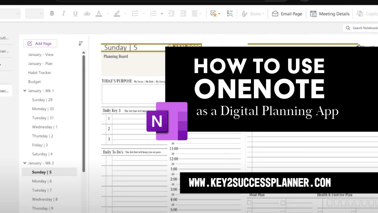 OneNote digital planning interface with highlighted text "How to Use OneNote as a Digital Planning App," featuring a planning board layout, task lists, and the Key2Success logo.