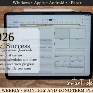 2026 Key2Success Digital OneNote Decision Journal on iPad sitting on desk
