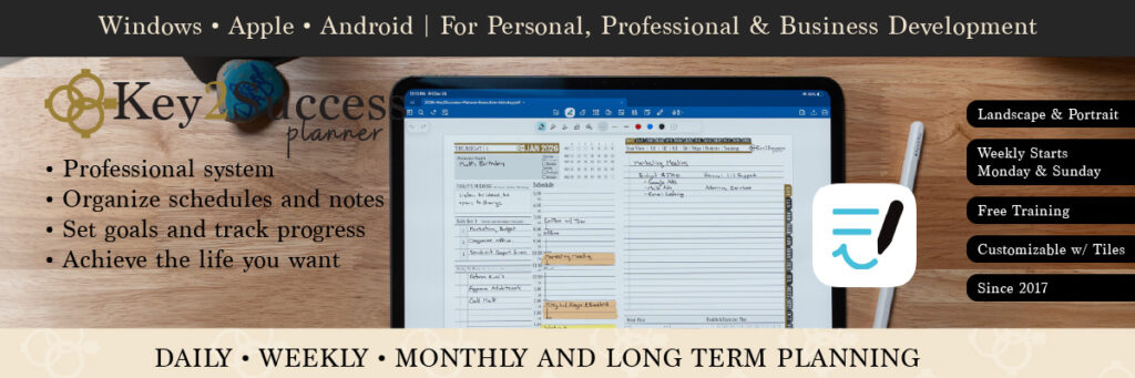 Digital planner interface showcasing the Key2Success planner with customizable templates, emphasizing productivity features for effective scheduling and goal tracking.