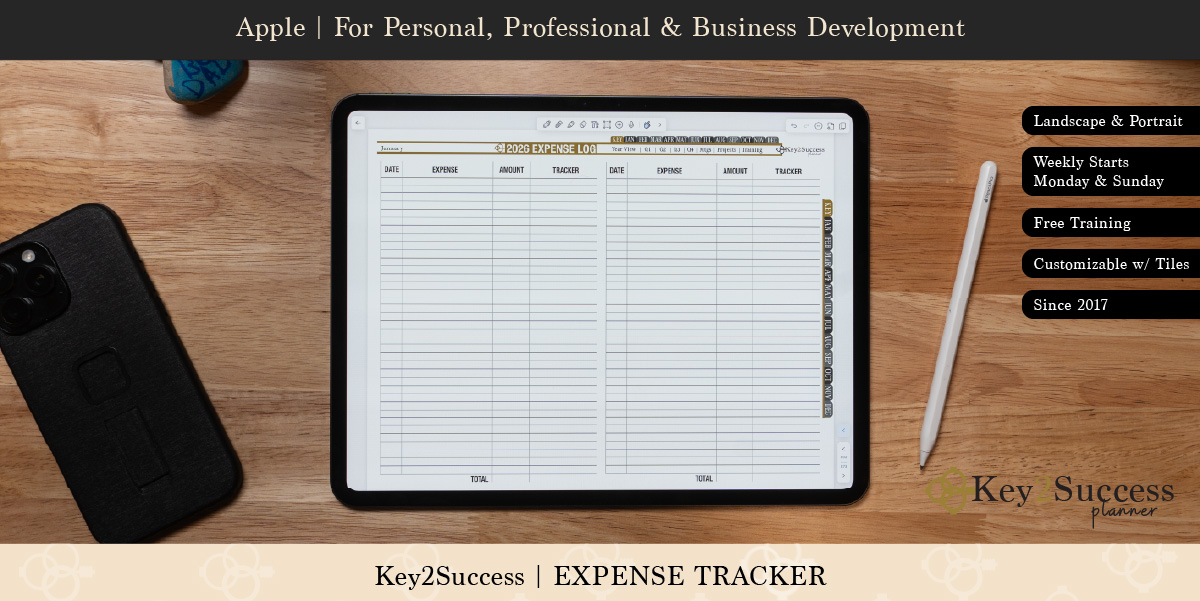 Digital planner displaying Key2Success Expense Tracker layout with sections for date, expense, amount, and tracker, alongside an Apple device and a stylus on a wooden surface.