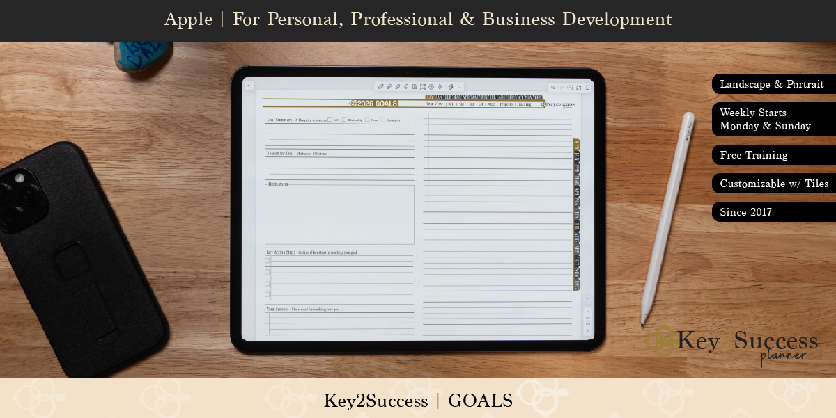 Notability Digital Planners Shop 54 Digital planner page displaying "2023 GOALS" with sections for goal summary, reason, key action steps, and personal reflections, alongside a stylus and smartphone, emphasizing productivity and goal achievement.