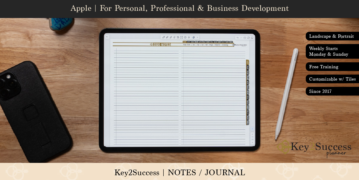 Notability Digital Planners Shop 55 Digital planner page from Key2Success featuring "2026 NOTES" section, customizable layout, and a stylus on a wooden surface, emphasizing personal and professional development.