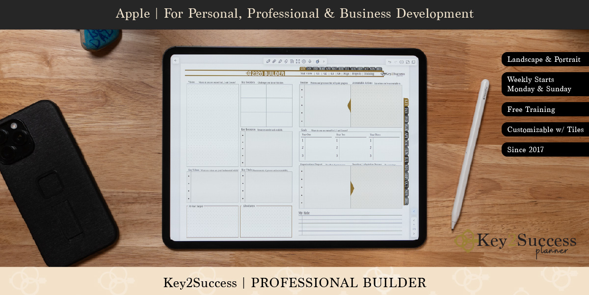 Notability Digital Planners Shop 61 Digital planner on tablet showcasing Key2Success Professional Builder layout for personal and professional development, featuring sections for goals, key industries, and customizable options.