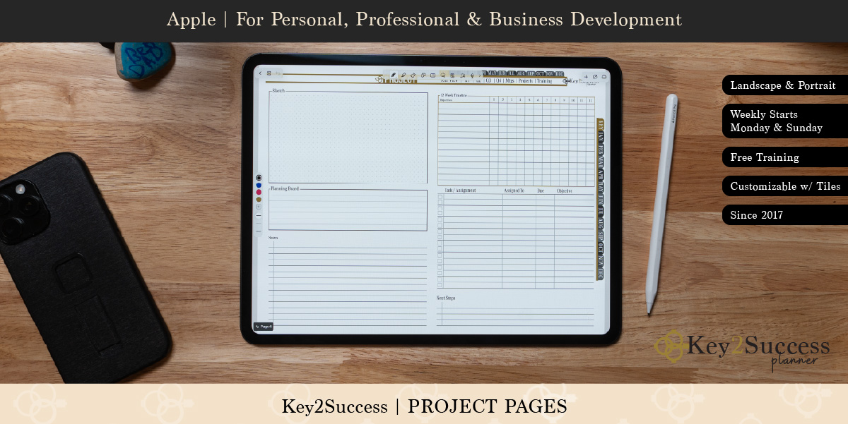 Notability Digital Planners Shop 58 Digital planner on tablet showcasing Key2Success Project Pages, featuring sections for sketches, planning board, tasks, and notes, with a smartphone beside it on a wooden surface.