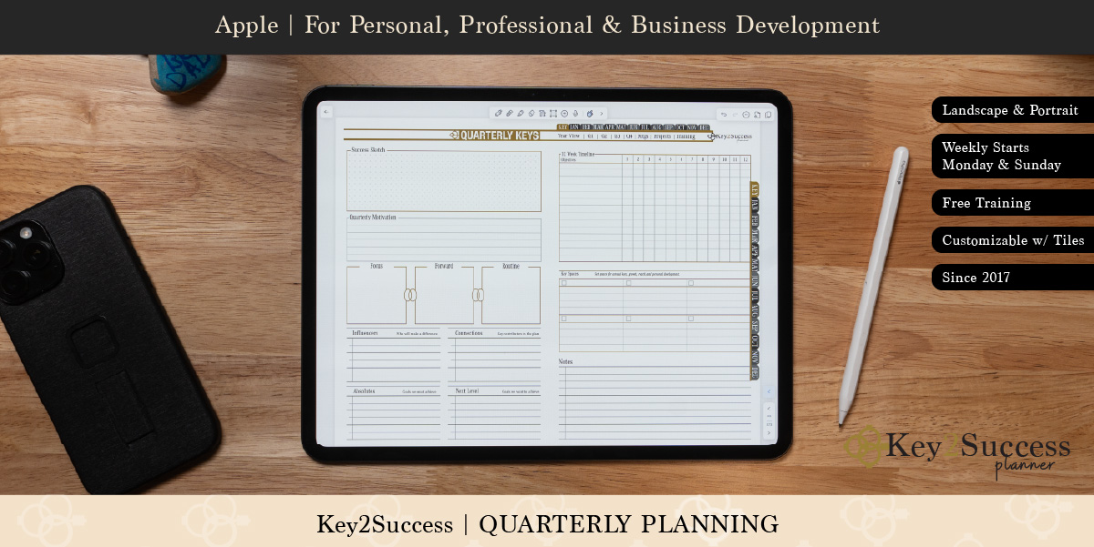 Digital planner on iPad displaying Key2Success™ Quarterly Planning layout, featuring sections for goals, reflections, and notes, emphasizing personal and professional development.