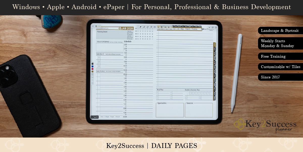 Digital planner page for Key2Success, featuring daily schedule, task sections, and customizable tiles, designed for personal and professional development in Noteshelf app.