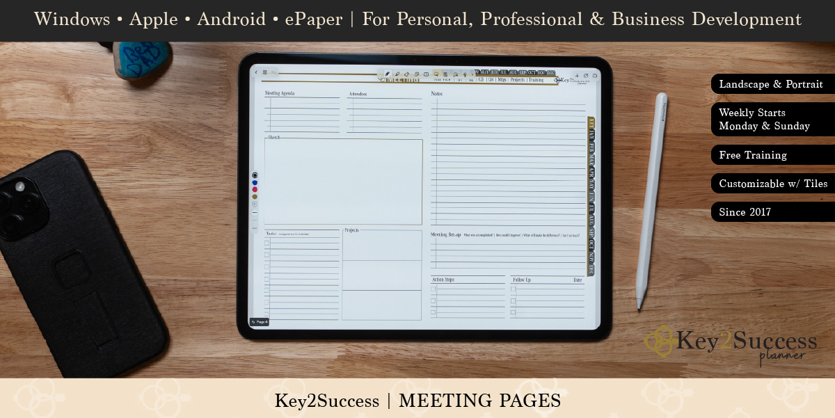 Digital planner meeting page displayed on a tablet, featuring sections for meeting agenda, attendees, notes, tasks, and projects, alongside a stylus and a smartphone on a wooden surface, emphasizing organization and productivity for professional development.