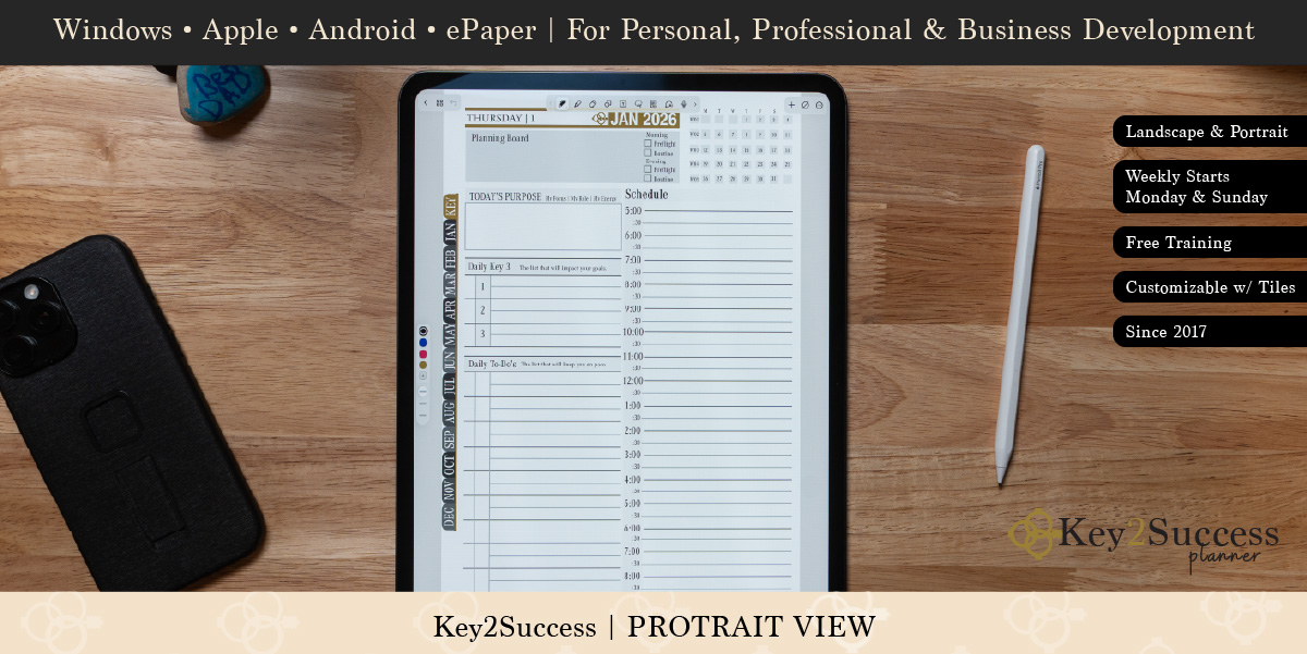 Digital planner page from Key2Success featuring a daily layout with sections for purpose, schedule, and key tasks, alongside a smartphone and stylus on a wooden surface.