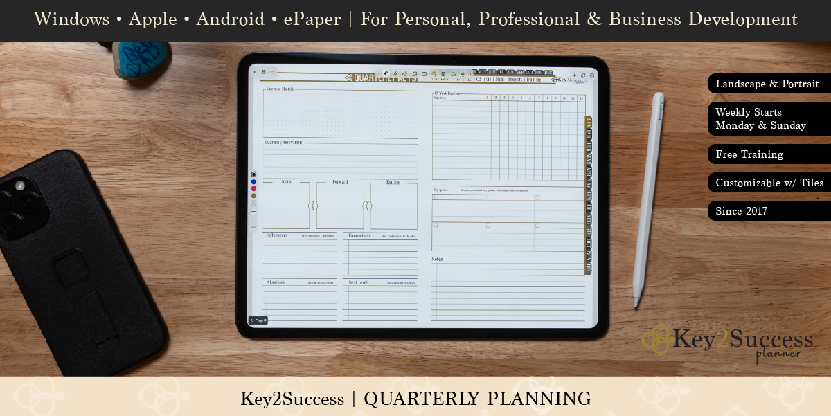 Key2Success™ Quarterly Planning page displayed on a tablet, featuring sections for goal tracking, motivation, and notes, alongside a smartphone and stylus on a wooden surface.