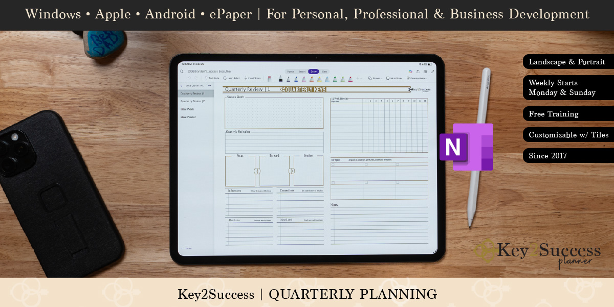 Key2Success™ Quarterly Planning page displayed on tablet with stylus, showcasing digital planner features for productivity and goal setting.