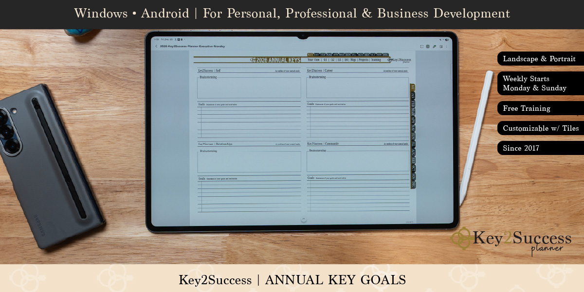 Samsung device displaying the Key2Success Annual Keys digital planner page, featuring sections for Self, Relationships, Career, and Community goals, alongside a Samsung smartphone on a wooden surface.
