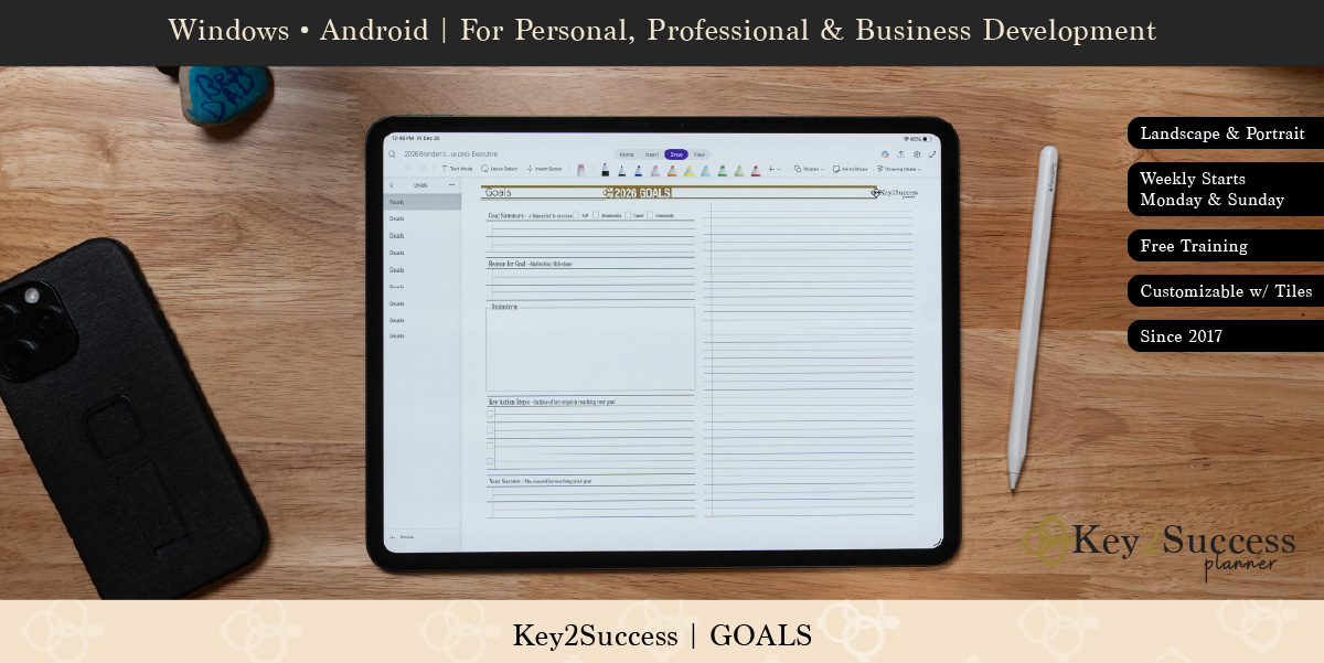 Digital planner page displaying "2026 GOALS" with sections for goal summary and action steps, accompanied by a stylus and smartphone, emphasizing organization and productivity for personal and professional development.