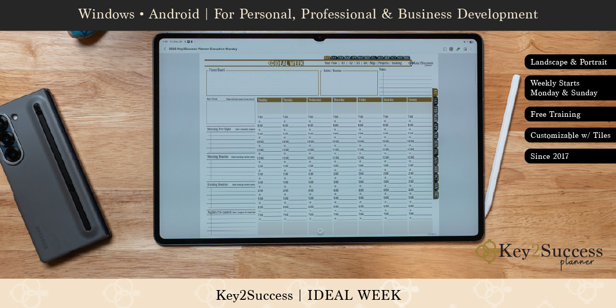 Samsung tablet displaying Key2Success Ideal Week planner page, featuring a structured weekly layout for goal-setting and time management, alongside a smartphone and stylus on a wooden surface.